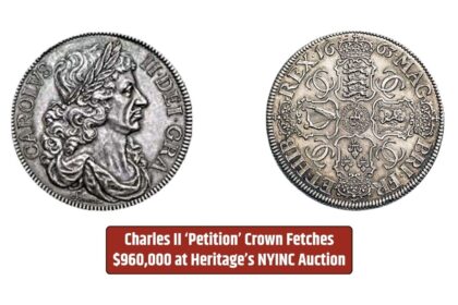 At Heritage’s NYINC Auction, Charles II ‘Petition’ Crown fetches $960,000, marking a significant moment in numismatic history.