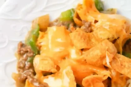 Philly Cheese Steak, Frito Pie, Recipe, Ground Beef, Casserole, Green Peppers, Onions, Cheese, Easy Dinner, Comfort Food,